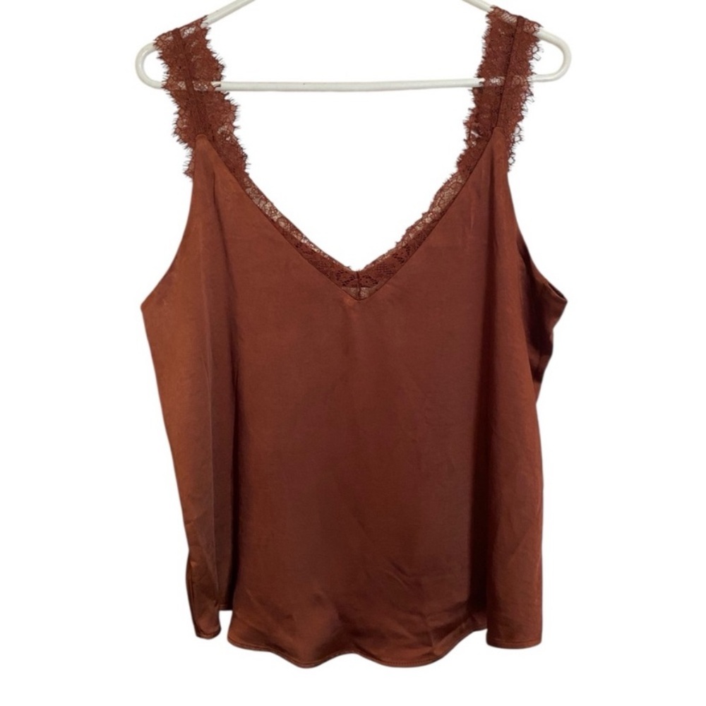SKIES ARE BLUE Rust Satin Lace Trim Tank Top Size L – Fall Chic Cami Blouse